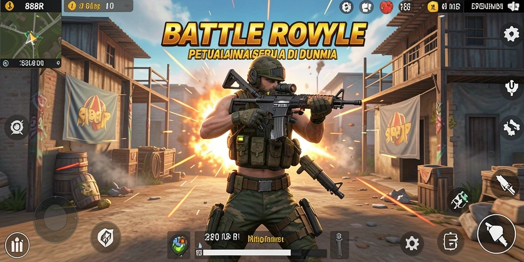 Screenshot gameplay 888R menampilkan pertarungan seru dalam arena Battle Royale.