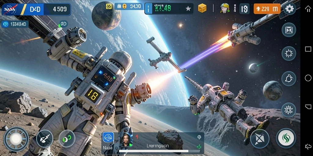 Screenshot NASA4D menampilkan pertempuran luar angkasa yang epik dan mendebarkan.