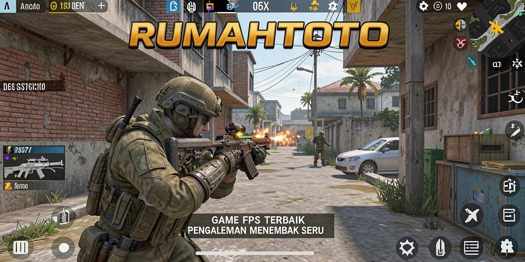 Gambar menampilkan aksi tembak-menembak dalam RUMAHTOTO yang mendebarkan.