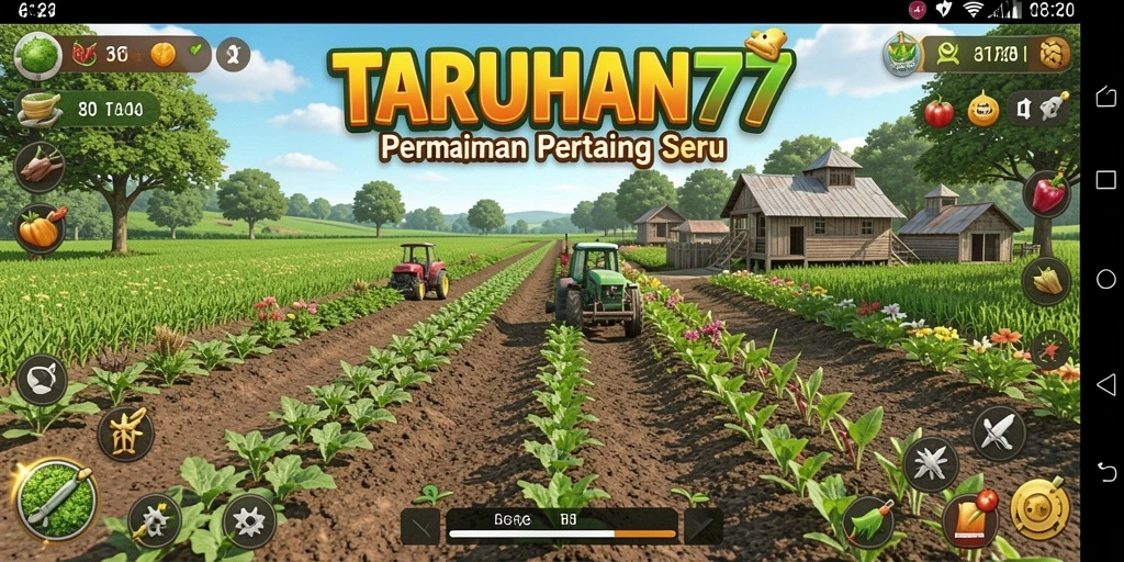 Screenshot gameplay TARUHAN77 menampilkan ladang yang subur dan aktivitas bertani.